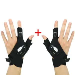 1 Pair Outdoor Fishing Magic Strap Fingerless Gloves Night Light Waterproof Fishing Gloves with LED Flashlight Rescue Tools