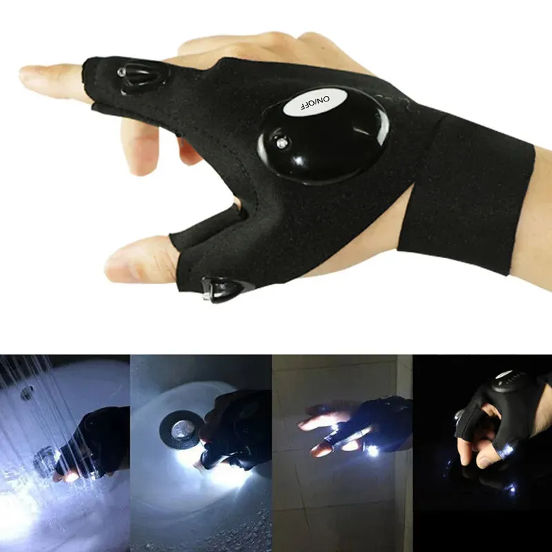 1 Pair Outdoor Fishing Magic Strap Fingerless Gloves Night Light Waterproof Fishing Gloves with LED Flashlight Rescue Tools