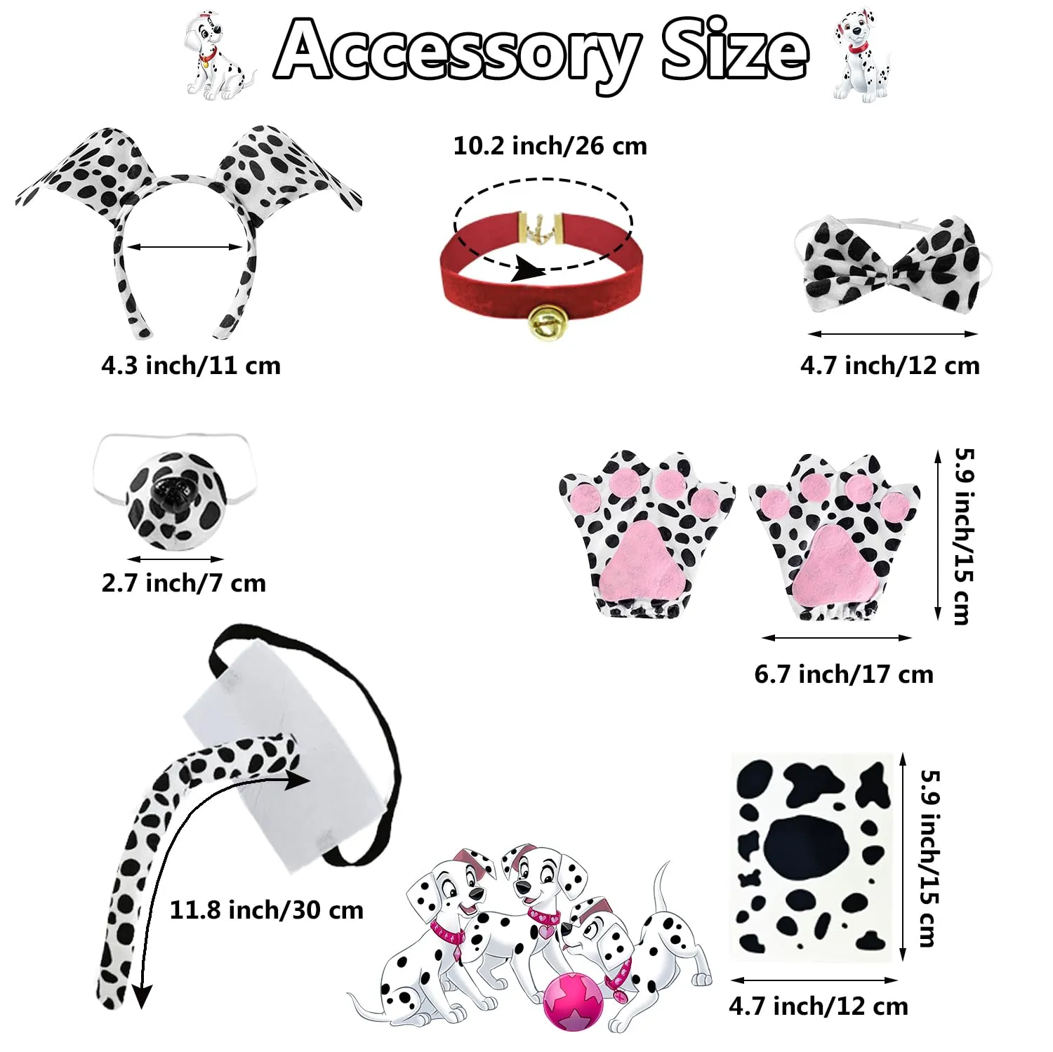 101 Dalmatians Costume for Kids 100 Days of School Costume Girls Dalmatian Costume Kids Dalmatians Outfit with Long Sleeve Shirt Pants Headband Tail Bowtie Gloves Bell Collar Socks Tutu Dress CA025M