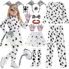 101 Dalmatians Costume for Kids 100 Days of School Costume Girls Dalmatian Costume Kids Dalmatians Outfit with Long Sleeve Shirt Pants Headband Tail Bowtie Gloves Bell Collar Socks Tutu Dress CA025M