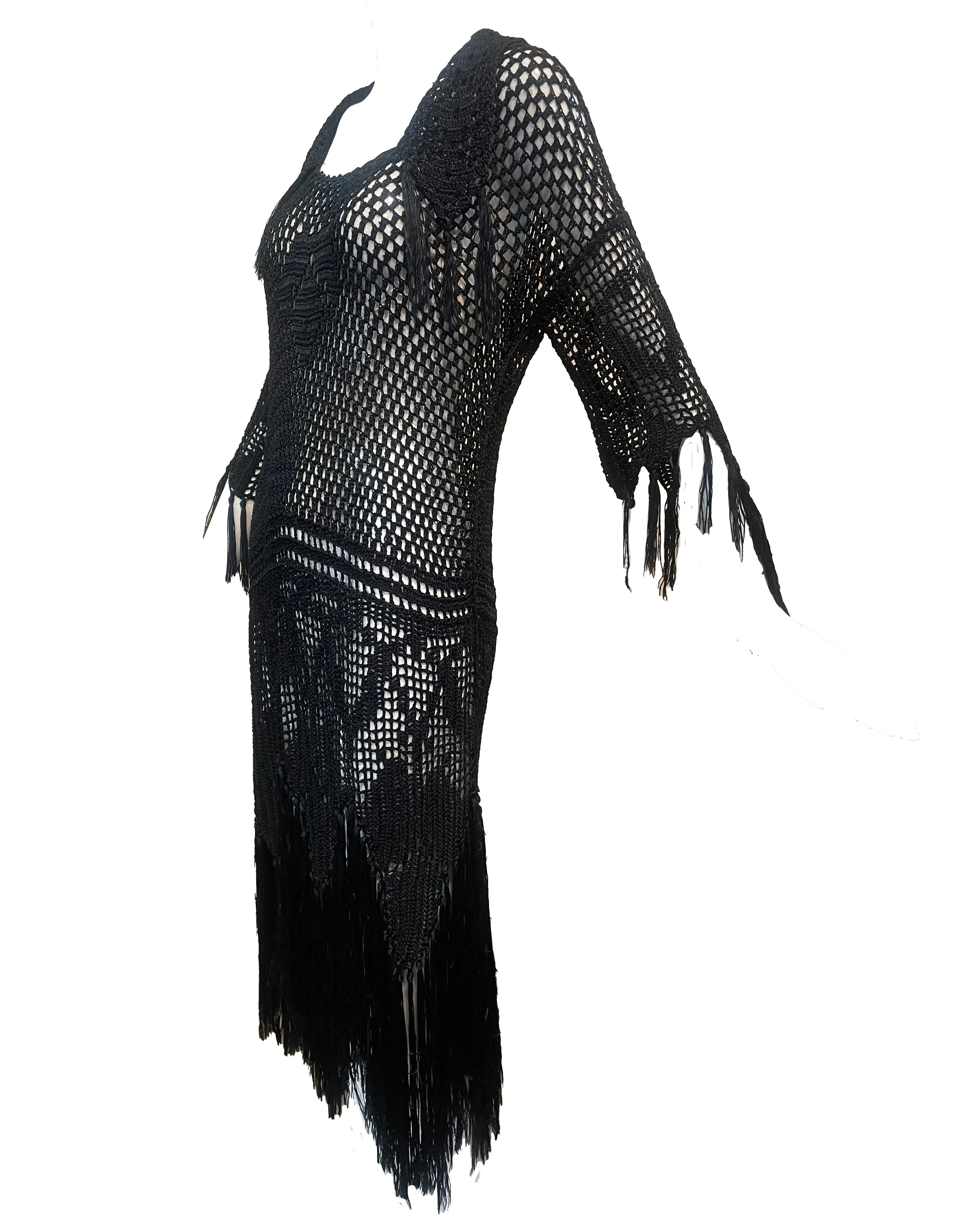 20s Black Rayon Blend Hand Crochet Dress with Fringe