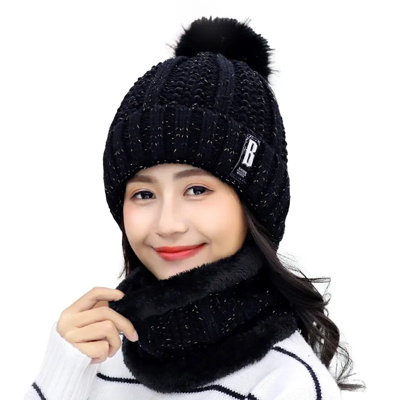 3 Pieces Set Women's Knitted Hat Scarf Caps Neck Warmer Winter Hat for Ladies Girls Skullies Beanies Warm Fleece Caps