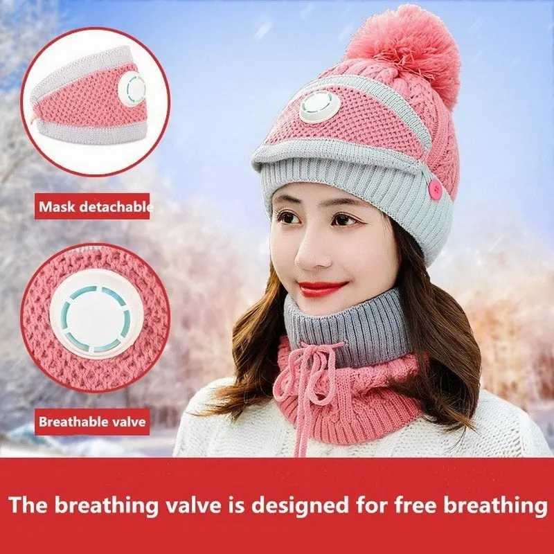 3 Pieces Set Women's Knitted Hat Scarf Caps Neck Warmer Winter Hat for Ladies Girls Skullies Beanies Warm Fleece Caps