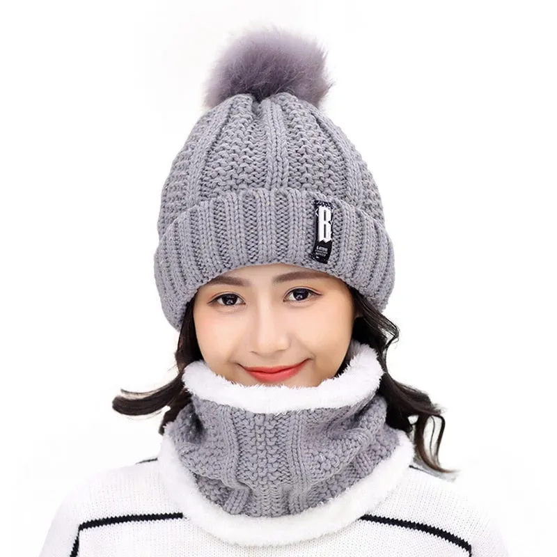 3 Pieces Set Women's Knitted Hat Scarf Caps Neck Warmer Winter Hat for Ladies Girls Skullies Beanies Warm Fleece Caps