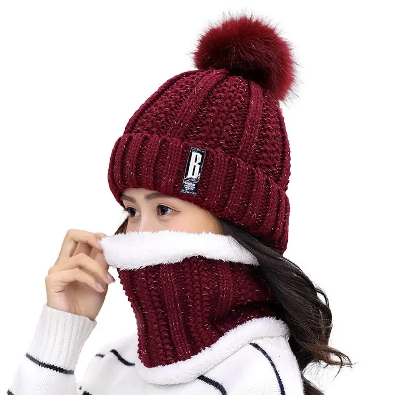 3 Pieces Set Women's Knitted Hat Scarf Caps Neck Warmer Winter Hat for Ladies Girls Skullies Beanies Warm Fleece Caps