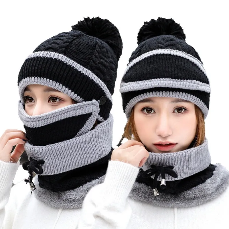 3 Pieces Set Women's Knitted Hat Scarf Caps Neck Warmer Winter Hat for Ladies Girls Skullies Beanies Warm Fleece Caps