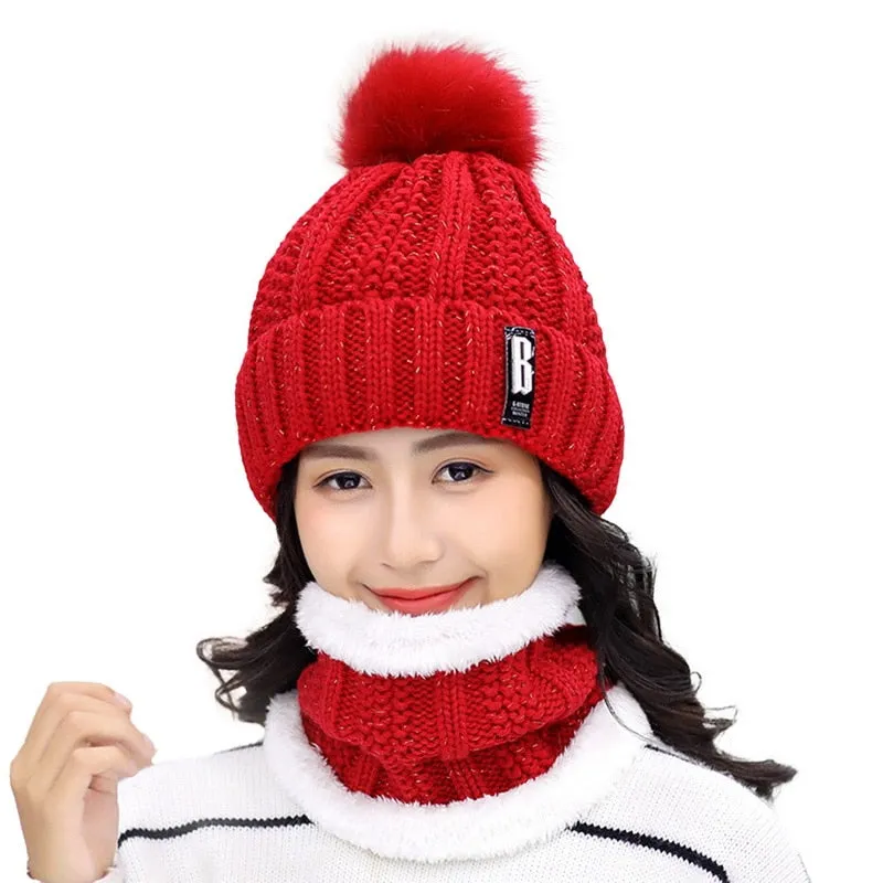 3 Pieces Set Women's Knitted Hat Scarf Caps Neck Warmer Winter Hat for Ladies Girls Skullies Beanies Warm Fleece Caps