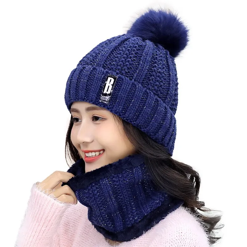 3 Pieces Set Women's Knitted Hat Scarf Caps Neck Warmer Winter Hat for Ladies Girls Skullies Beanies Warm Fleece Caps