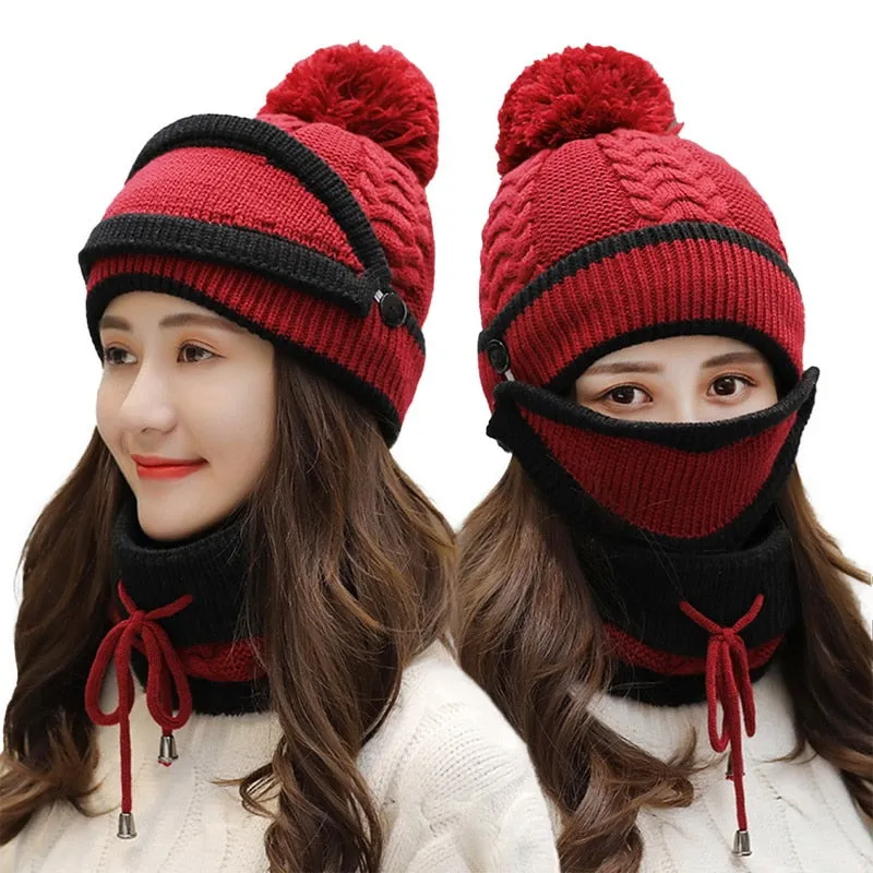 3 Pieces Set Women's Knitted Hat Scarf Caps Neck Warmer Winter Hat for Ladies Girls Skullies Beanies Warm Fleece Caps