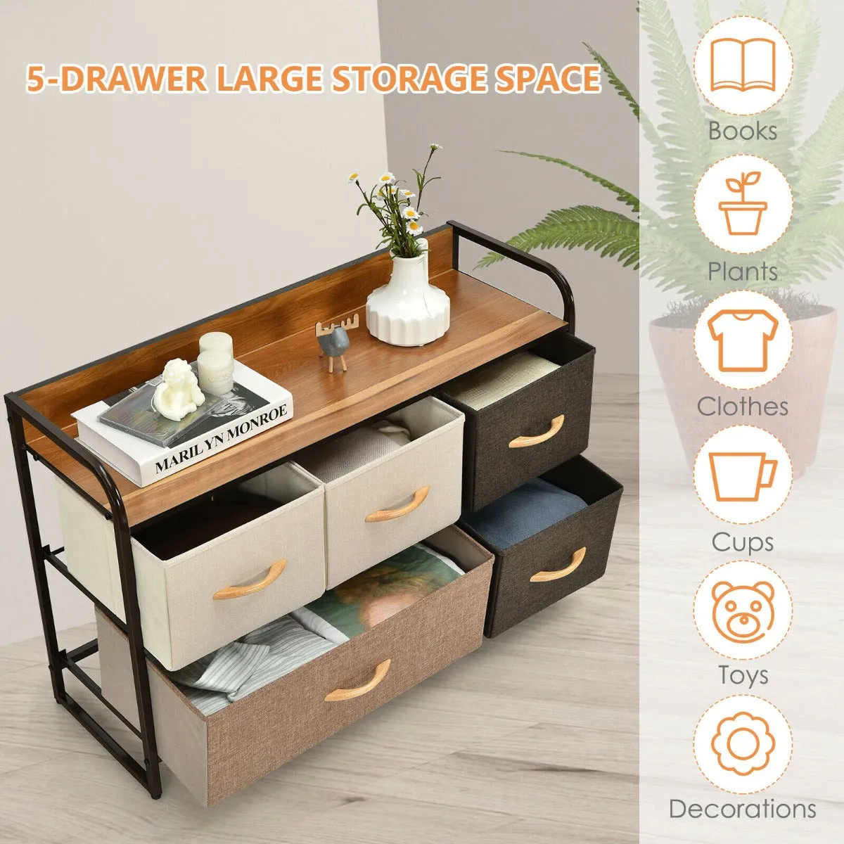 5-Drawer Dresser Storage with Foldable Fabric Drawers