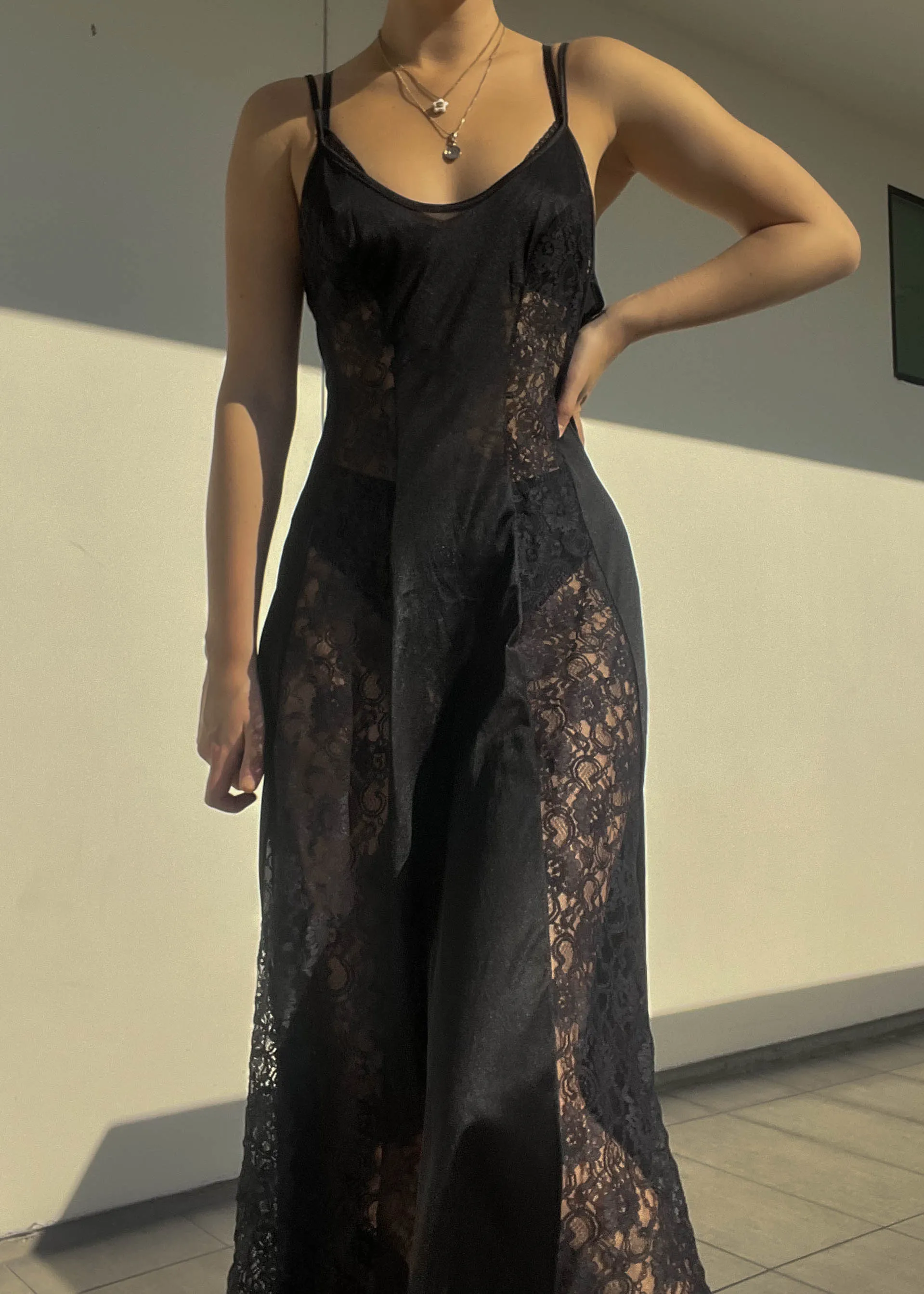 80's Black Silky   Lace Maxi (M)