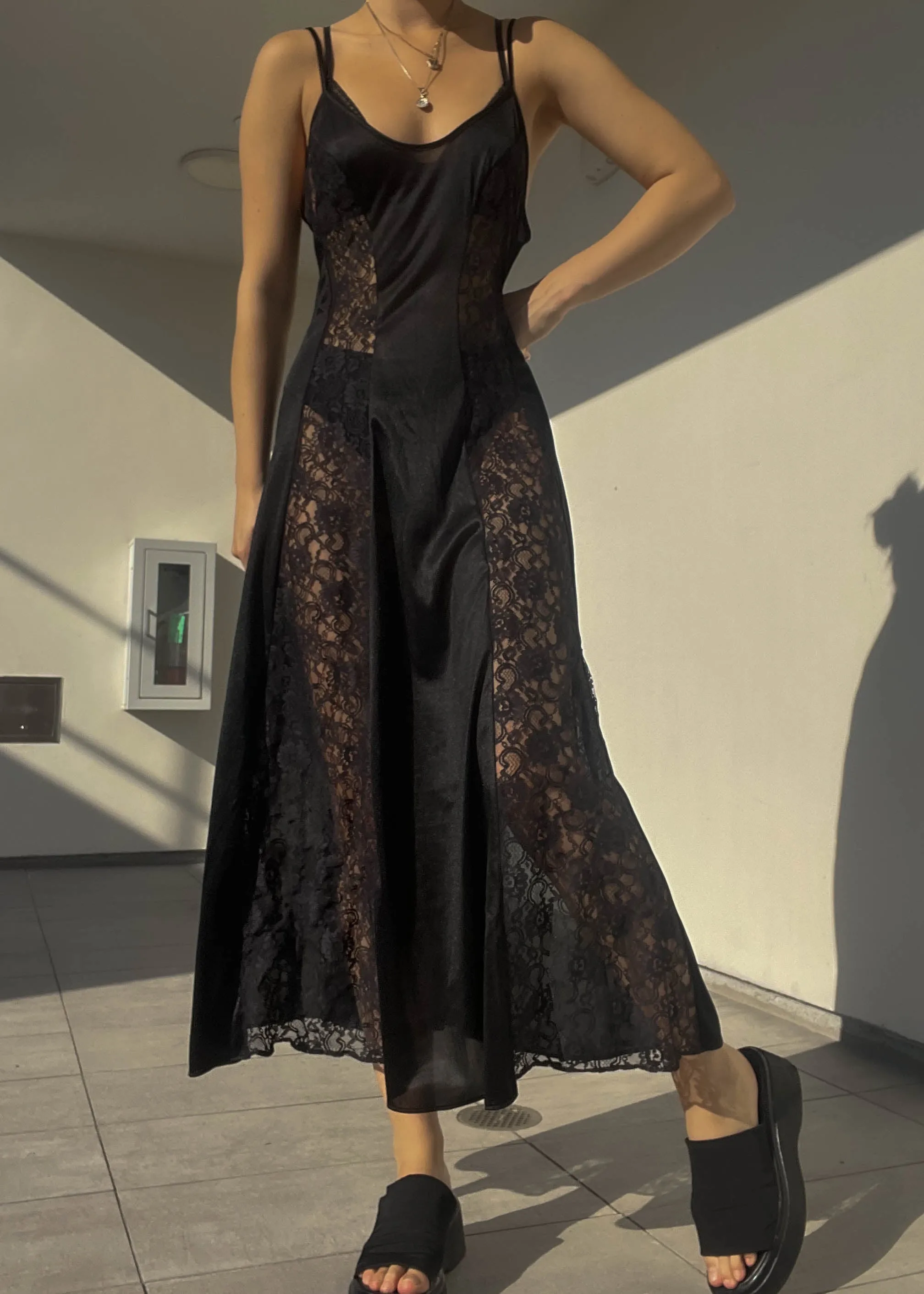 80's Black Silky   Lace Maxi (M)