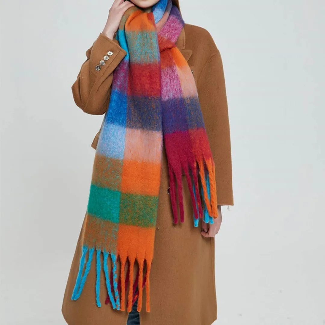 Accity | Plaid Fringe Winter Scarf: Purple