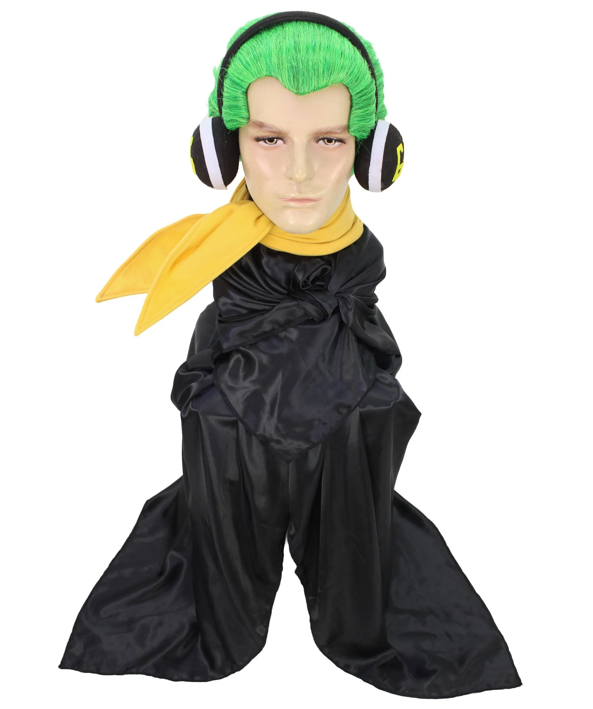 Adult Men's Anime Commander Villain Green Wig with Scarf | Perfect for Halloween | Flame retardant Synthetic Fiber