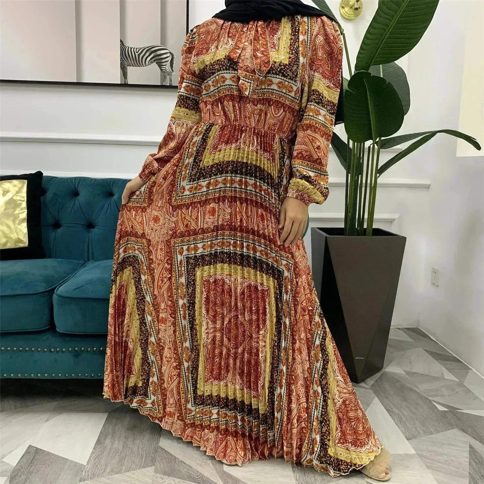 Arab  Dress With Printed Pleated Big Skirt