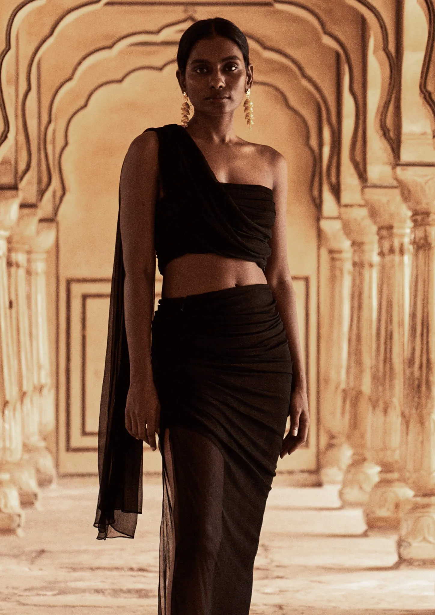 Asymmetric Draped Silk Dupatta Crop Top