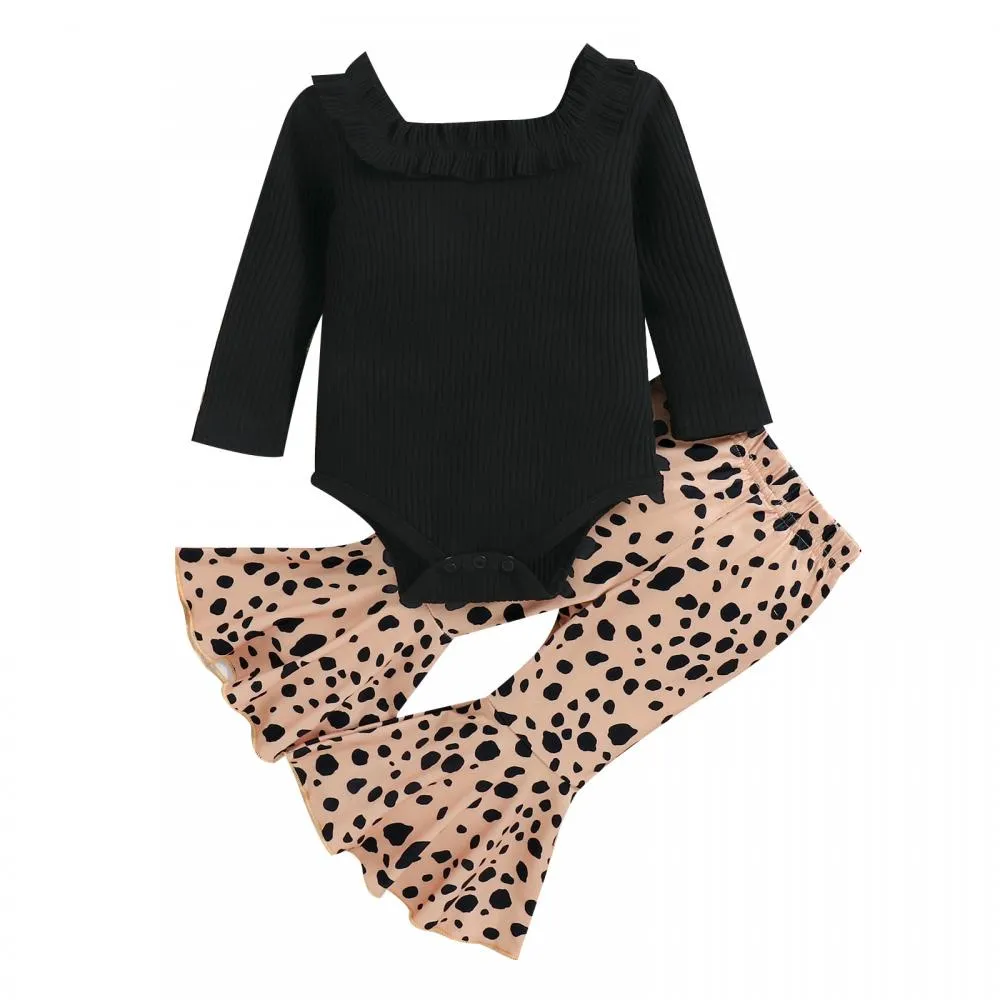 Autumn Baby Girls Romper   Leopard Flared Pants Set Wholesale Baby Girls Clothes