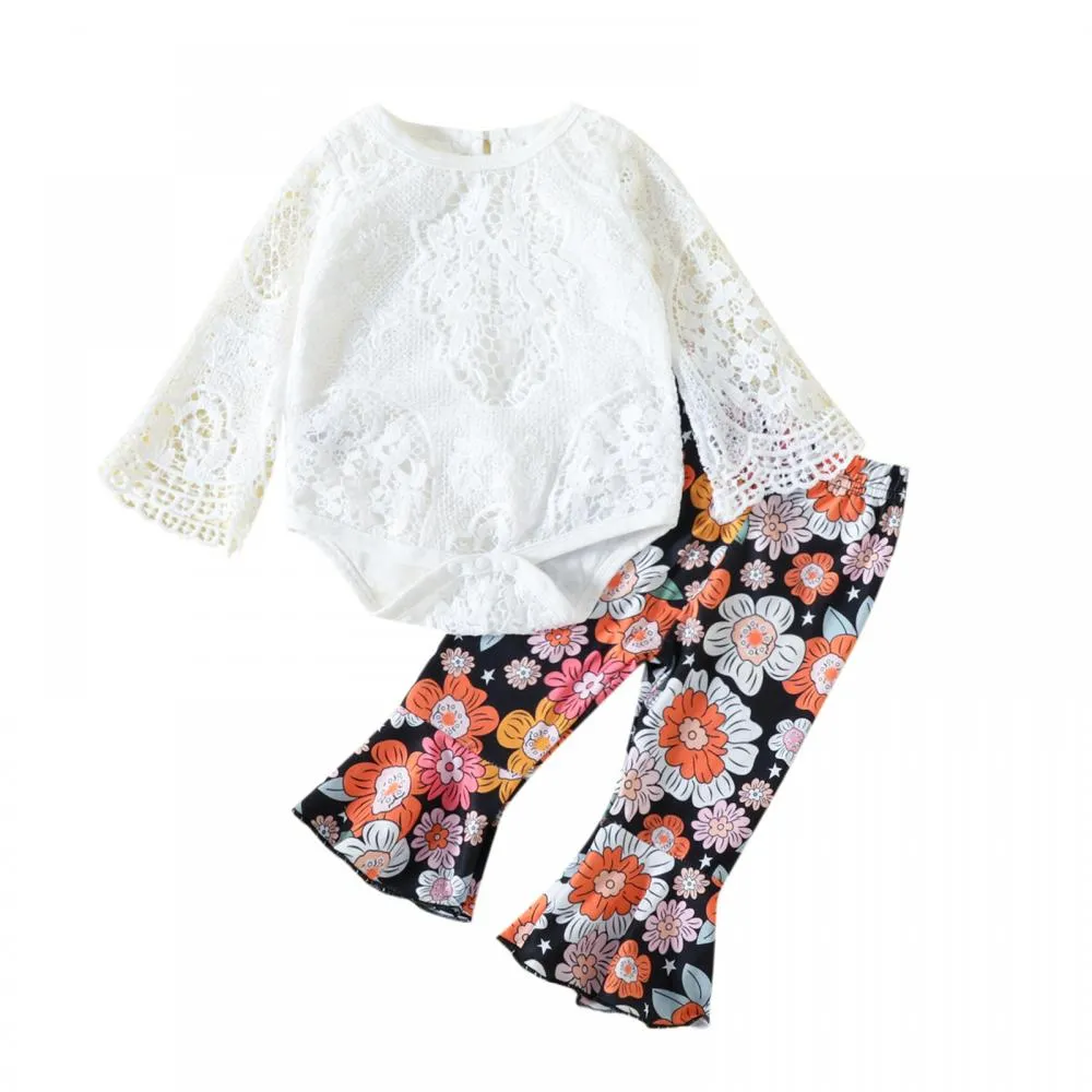 Autumn Lace Cutout Flared Sleeve Romper Flower Print Pants Set Wholesale Girls Clothes