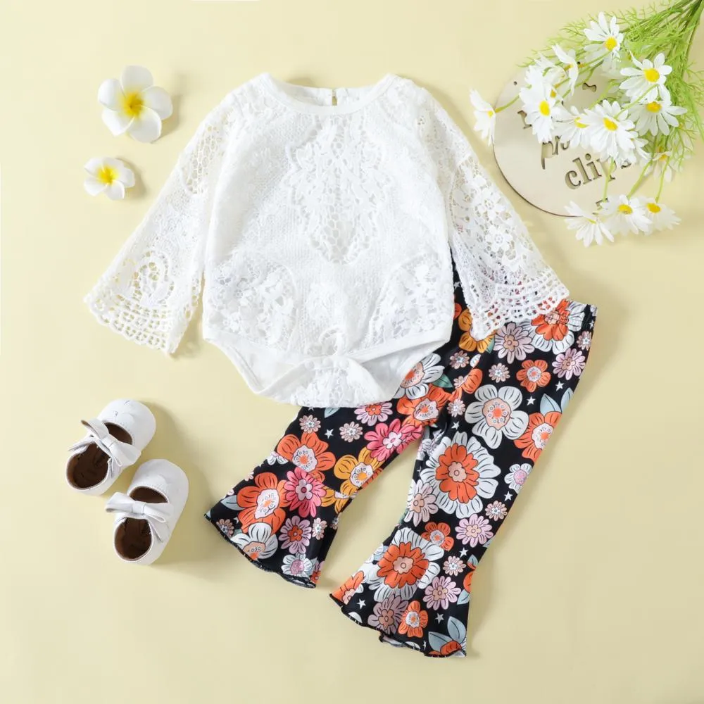 Autumn Lace Cutout Flared Sleeve Romper Flower Print Pants Set Wholesale Girls Clothes