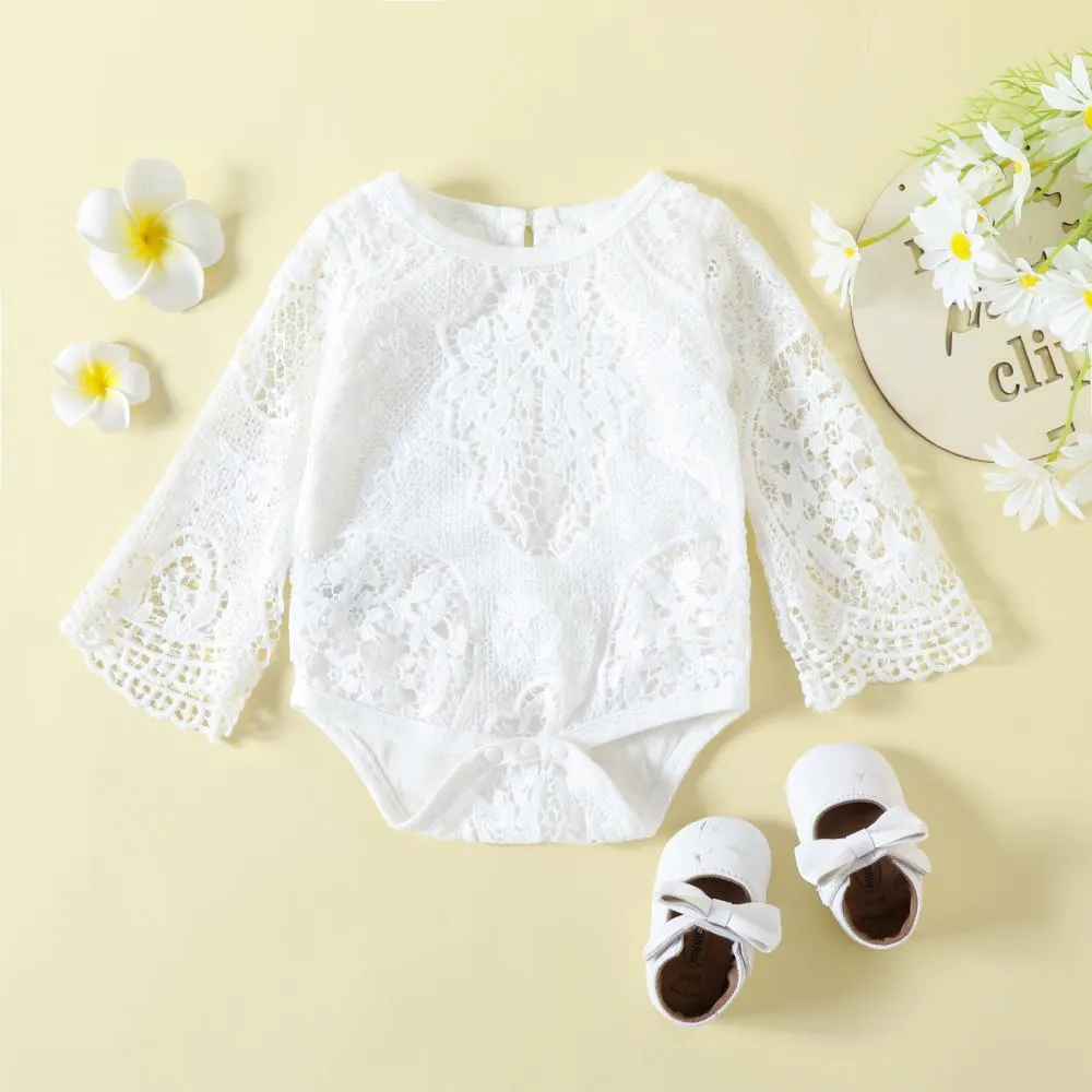 Autumn Lace Cutout Flared Sleeve Romper Flower Print Pants Set Wholesale Girls Clothes