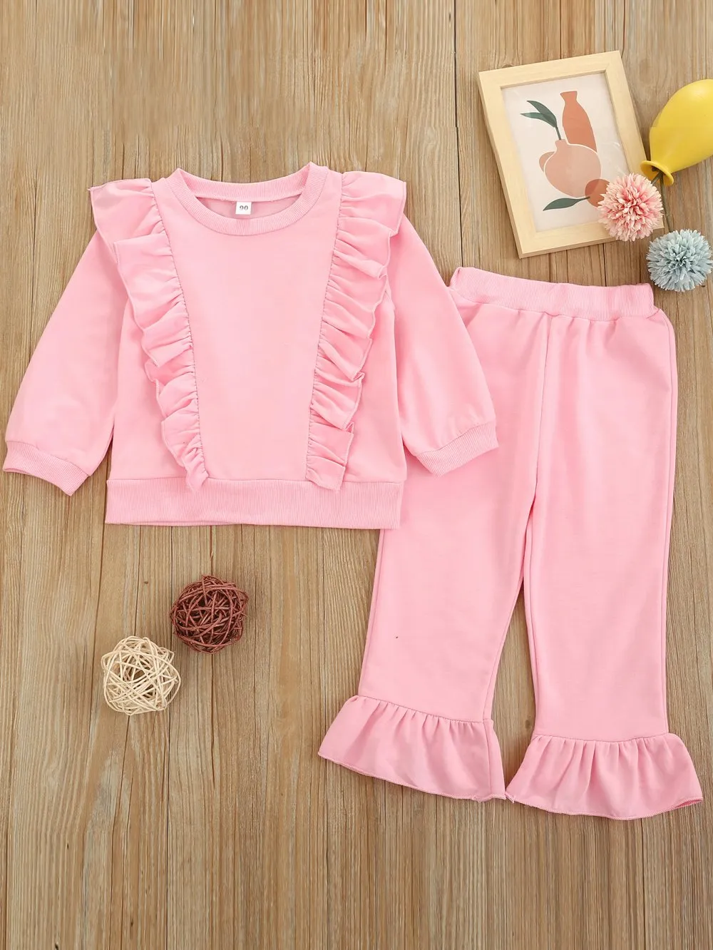 Autumn Little Girls Solid Color Flying-sleeve Top   Flared Pants Set Wholesale Girls Clothes