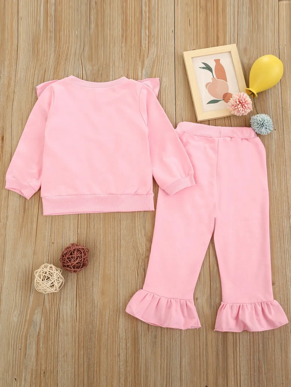 Autumn Little Girls Solid Color Flying-sleeve Top   Flared Pants Set Wholesale Girls Clothes