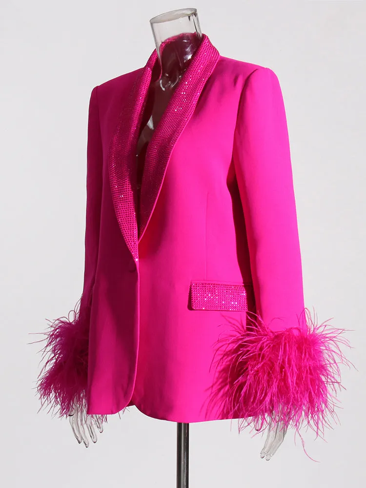 Beautiful Hot Pink Feather Cuff Crystal Bejeweled Blazer Jacket