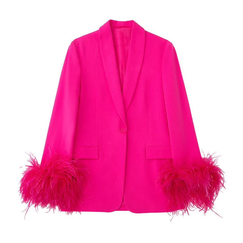 Beautiful Orange Feather Cuff Blazer Jacket