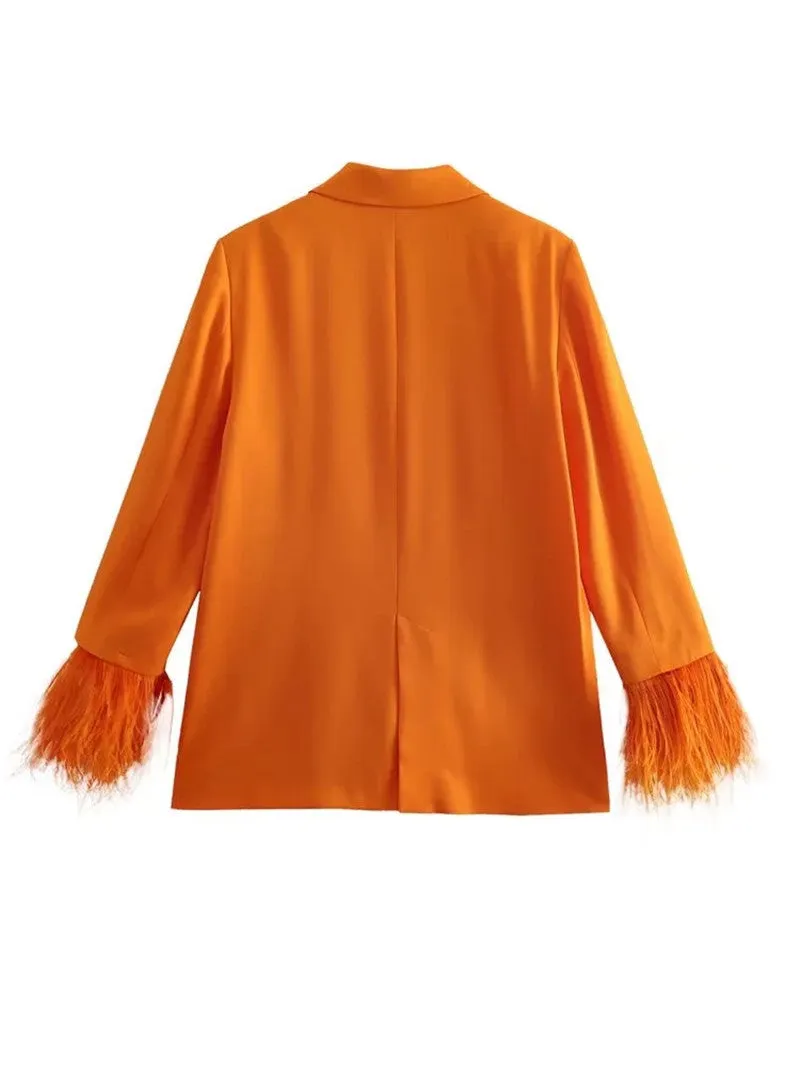 Beautiful Orange Feather Cuff Blazer Jacket