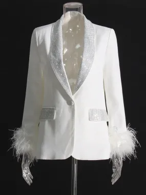 Beautiful White Feather Cuff Crystal Bejeweled Blazer Jacket