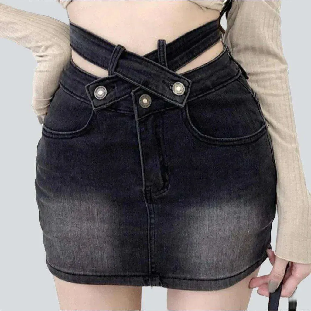 Belt waistband mini denim skirt