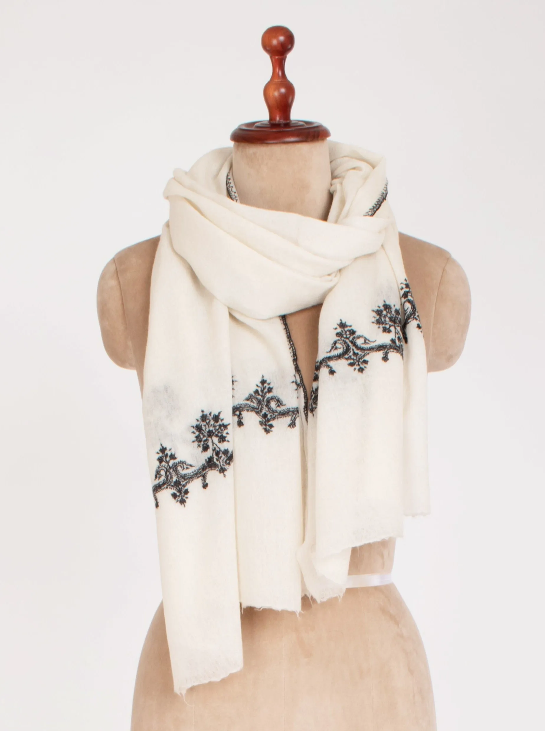 Black and White Kashmiri Embroidered Pure Wool Scarf