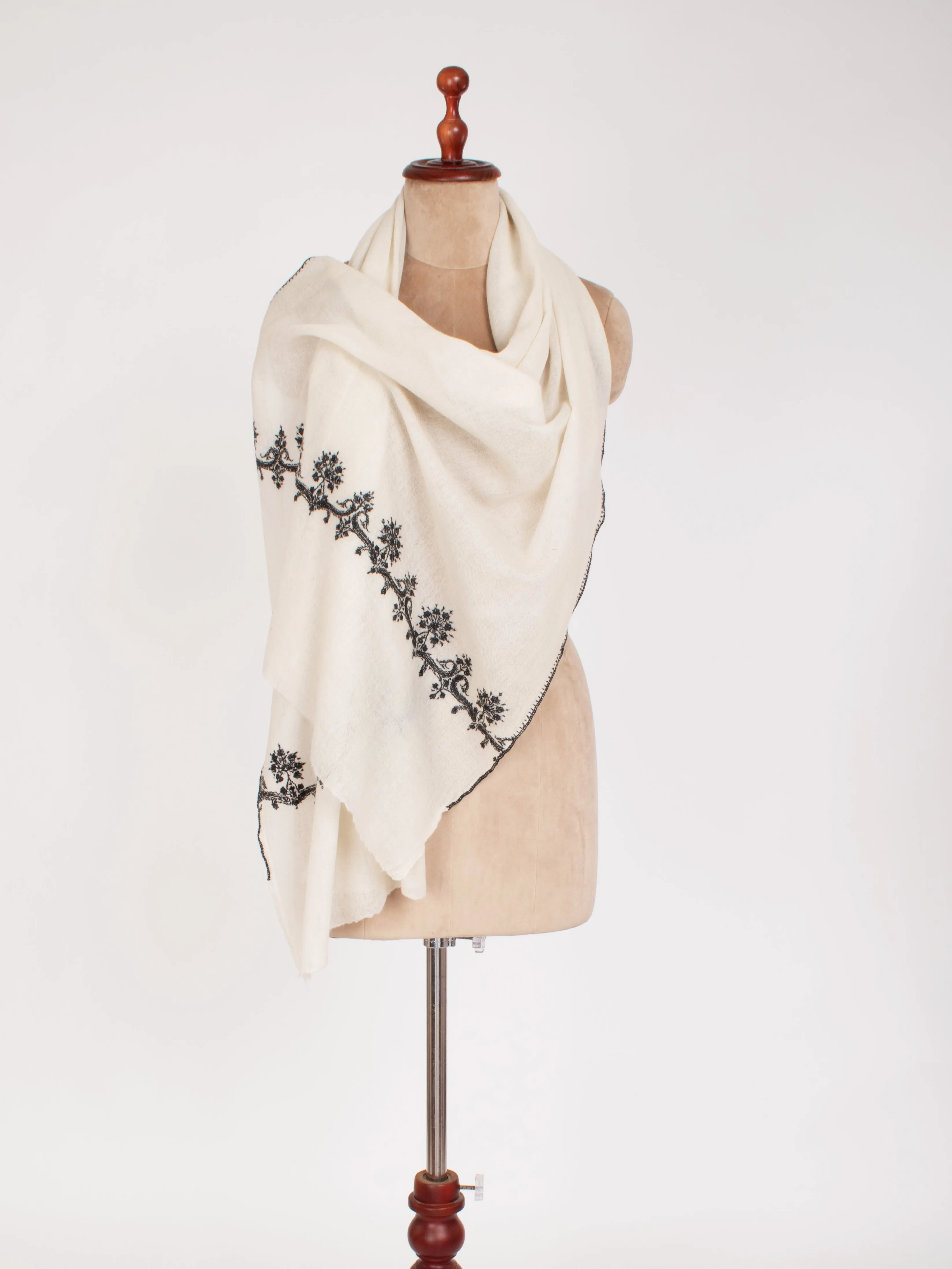 Black and White Kashmiri Embroidered Pure Wool Scarf