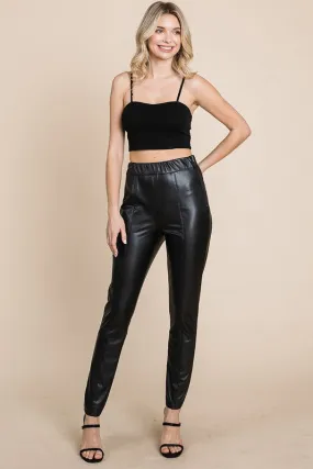 Black Fleece Lined Faux Leather Pants With Elastic Band