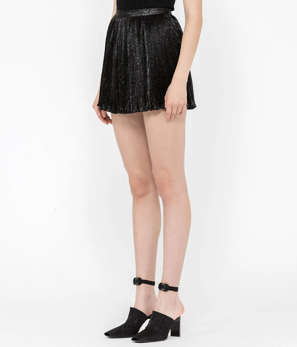 Black Metallic Pleated Shorts