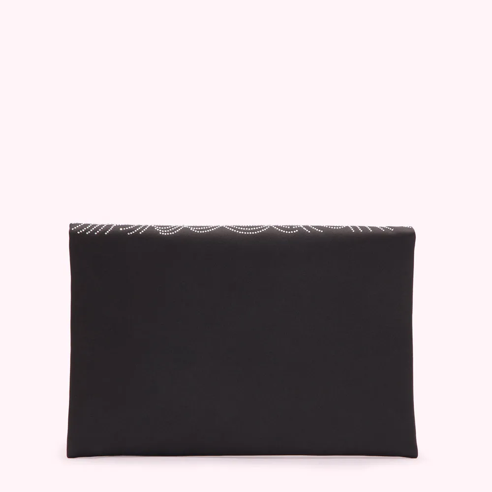 BLACK SATIN SPIDERS WEB NELLIE CLUTCH