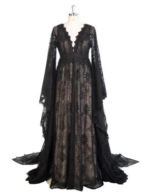 Black Vintage Lace Boho Dress, Maternity Lace Gown, Dress for Maternity Session (Free Send Slip Dress ) YW243110