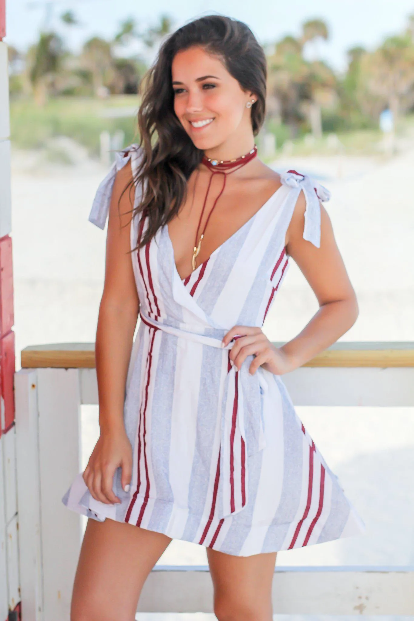 Blue and Burgundy Striped Flare Short Dress