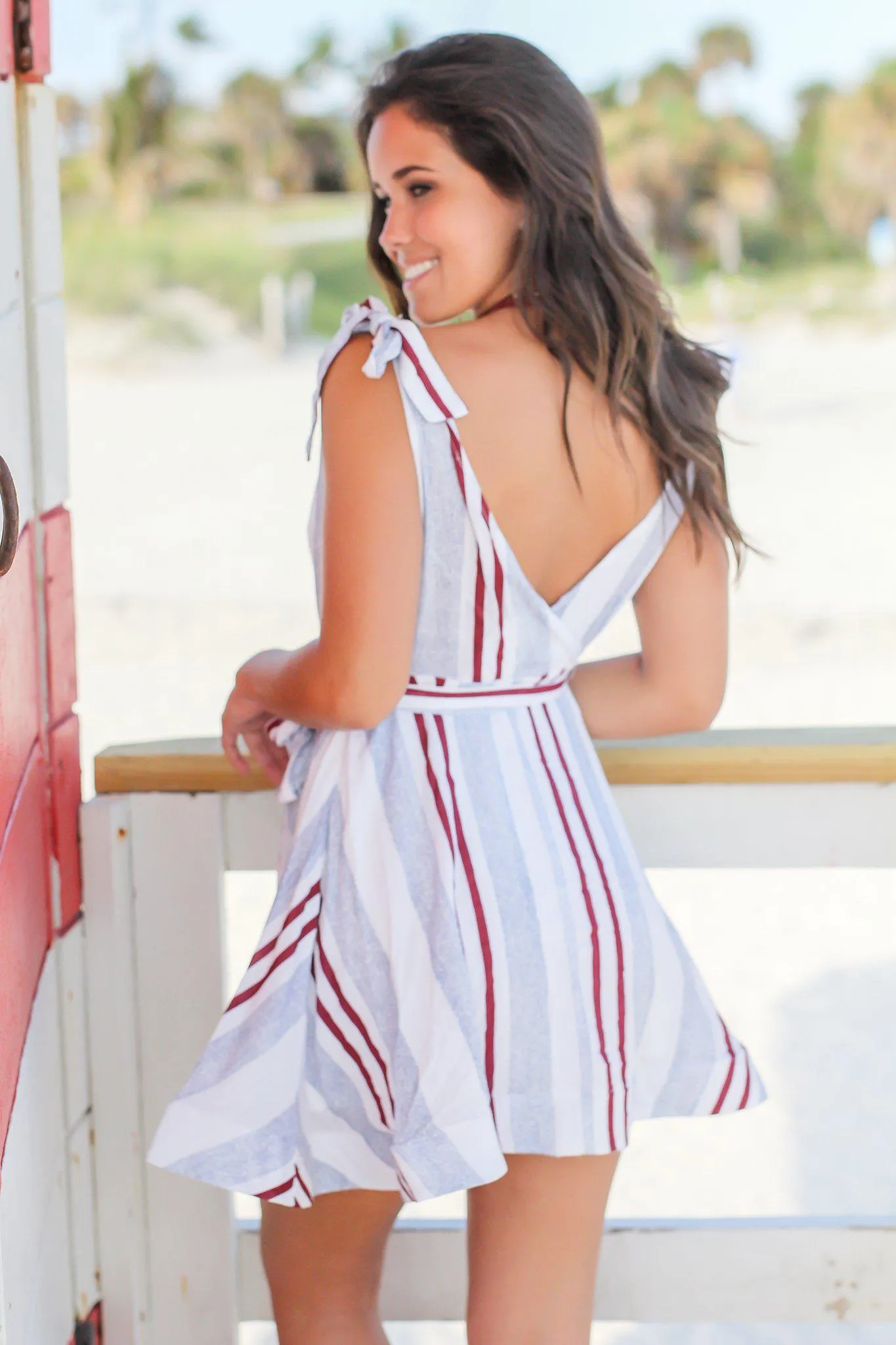 Blue and Burgundy Striped Flare Short Dress