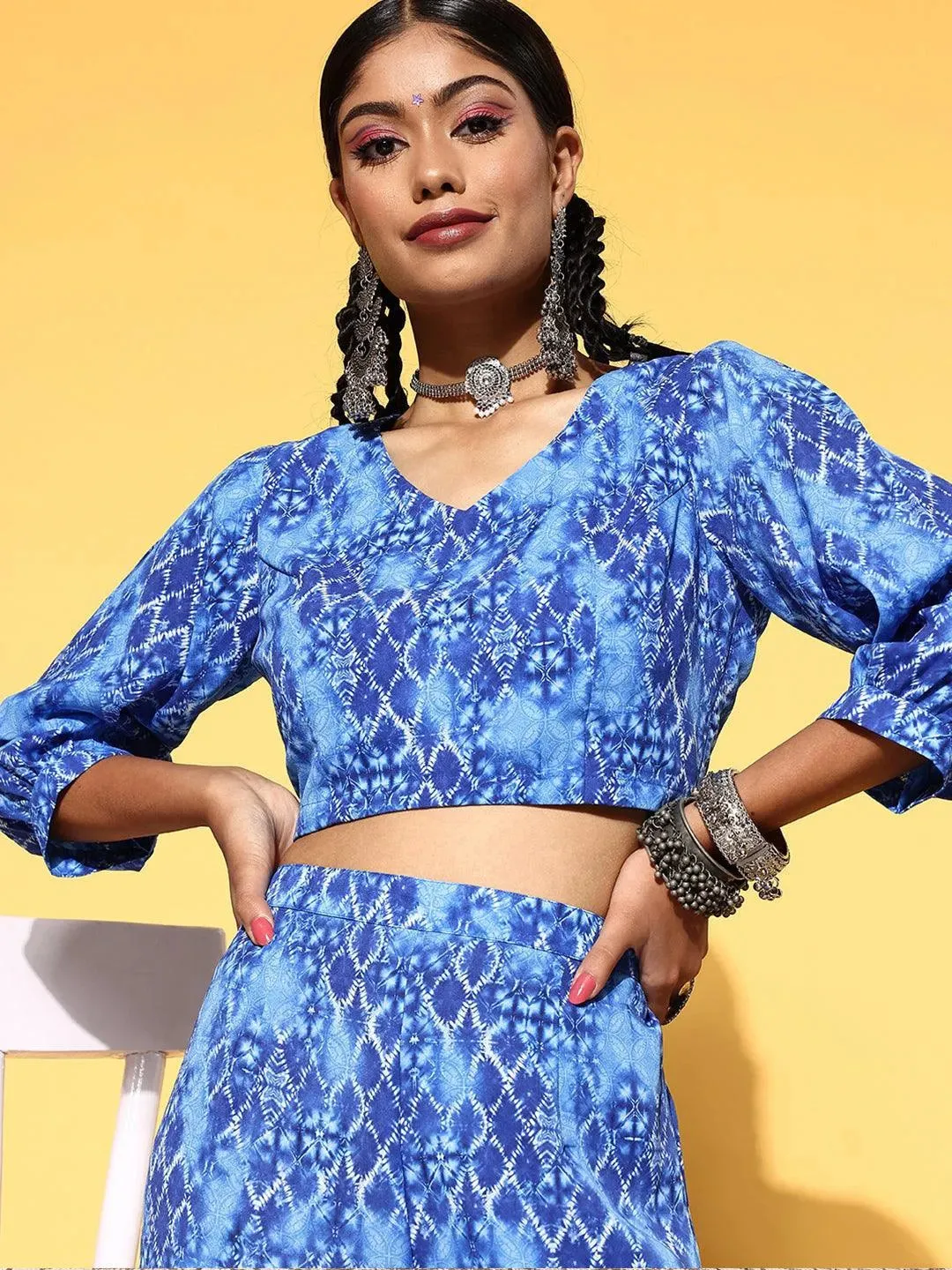 Blue Printed Georgette Top With Sharara