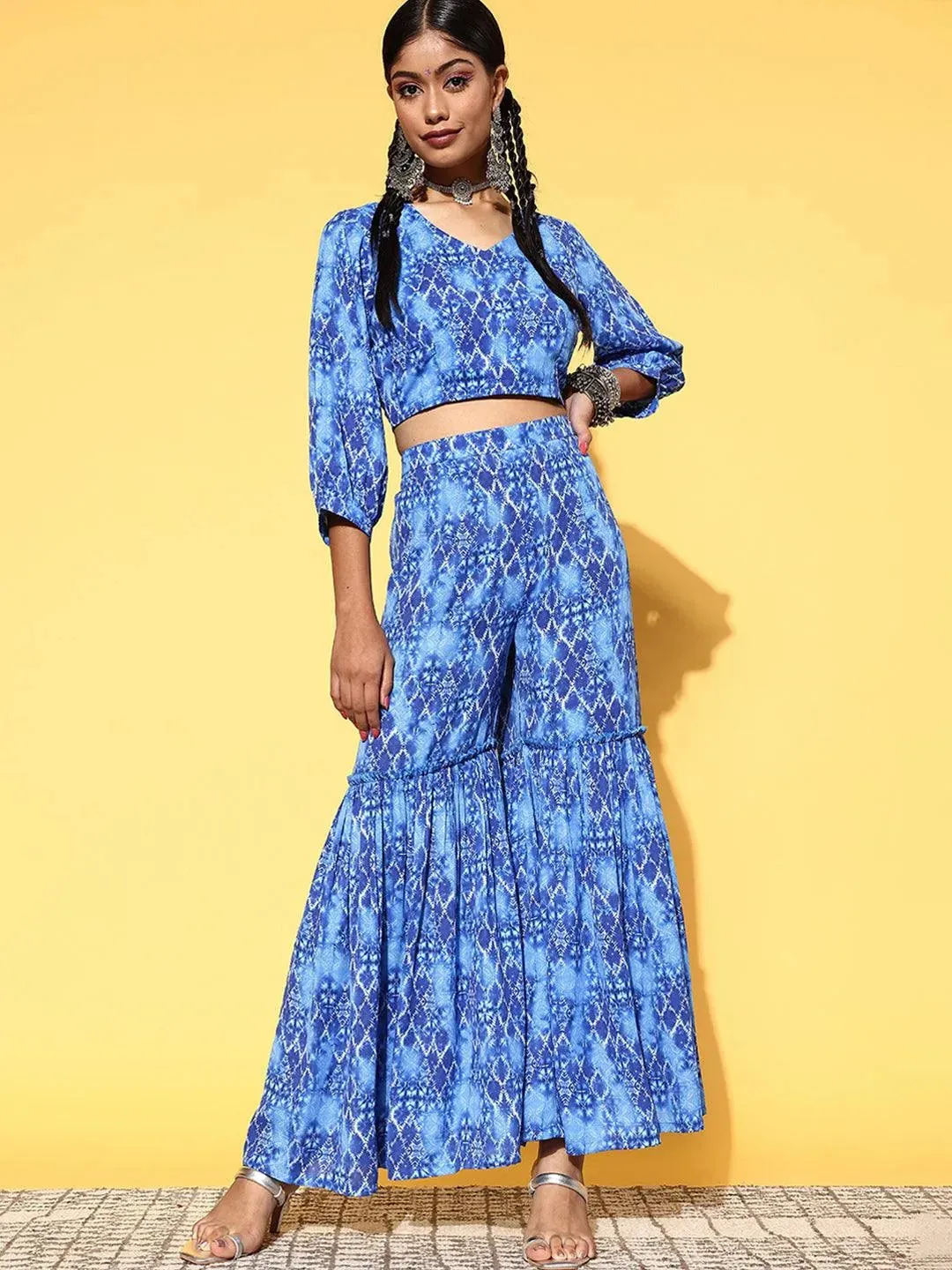 Blue Printed Georgette Top With Sharara