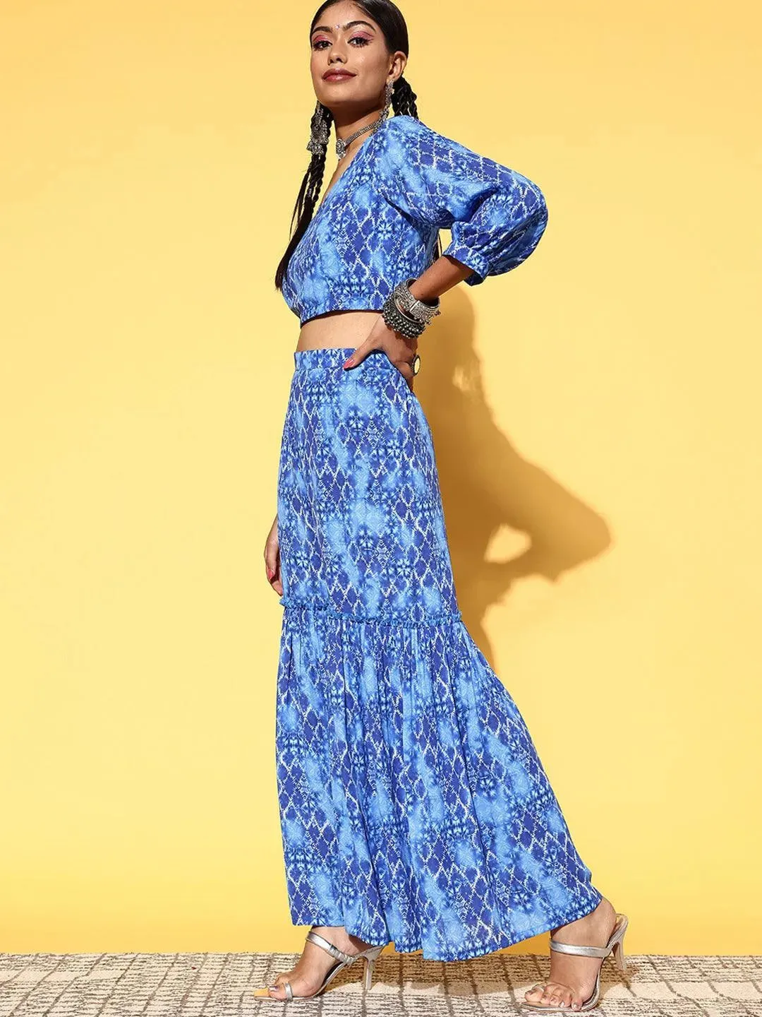 Blue Printed Georgette Top With Sharara