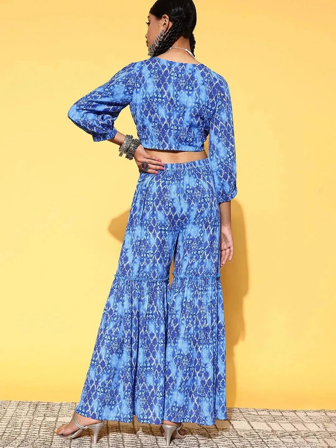 Blue Printed Georgette Top With Sharara