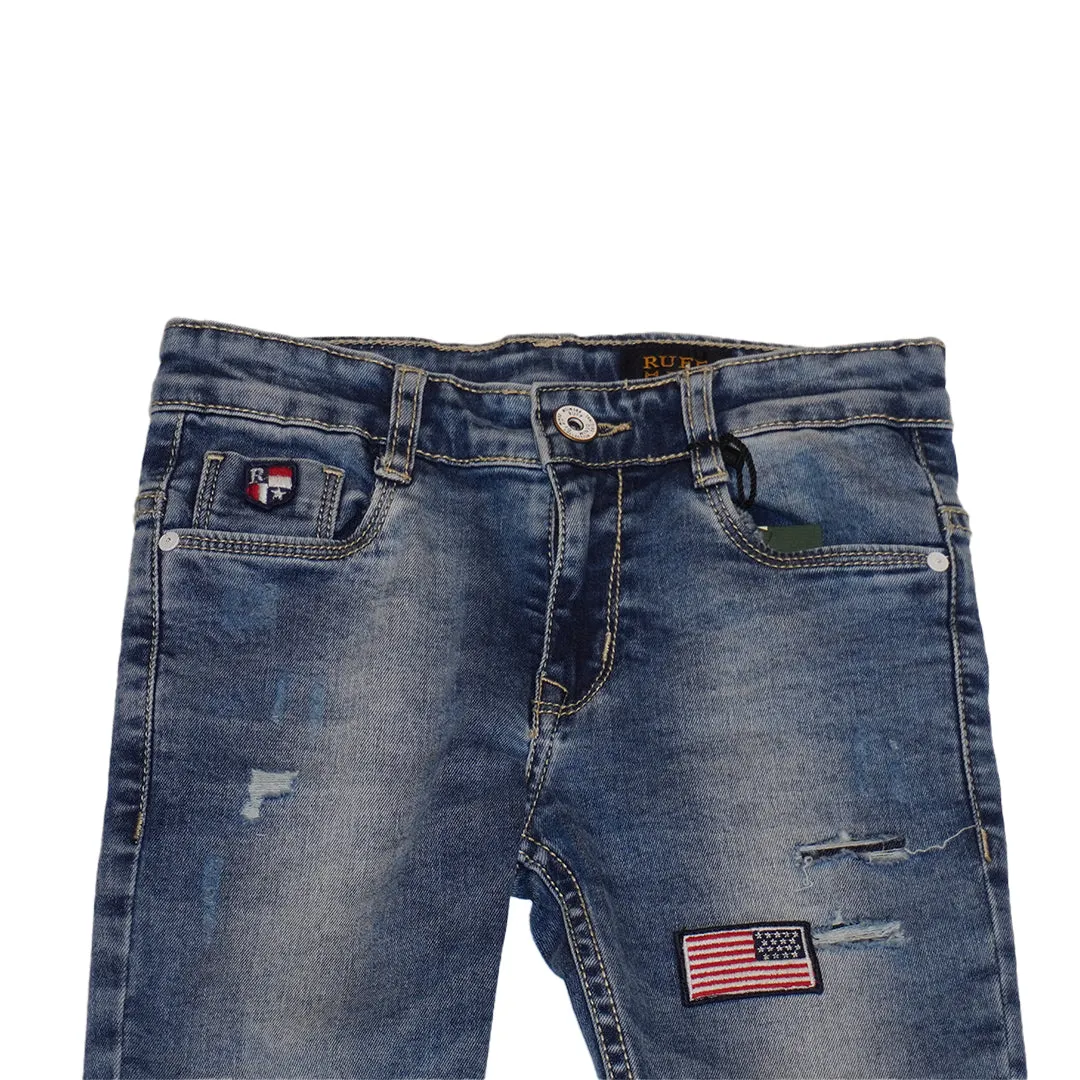 Boys Blue Distressed and Embroidered Pants