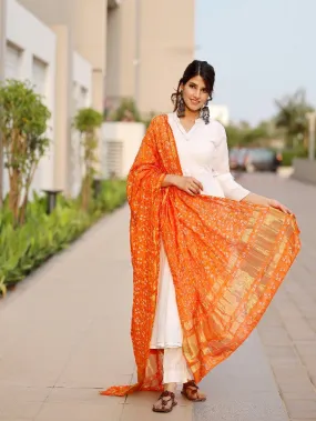 Bright White Orange Bandhej Dupatta Cotton Anarkali Kurta Set (Set of 3)