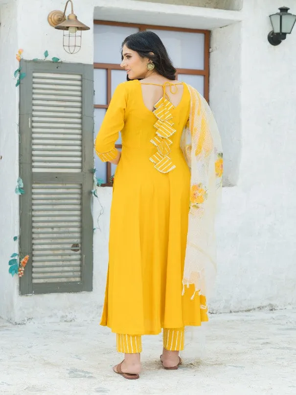 Bright Yellow Gota Pattii Rayon Flared Kurta Set (Set of 3)