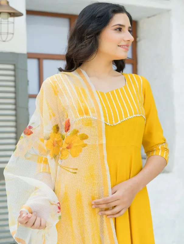 Bright Yellow Gota Pattii Rayon Flared Kurta Set (Set of 3)