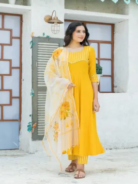 Bright Yellow Gota Pattii Rayon Flared Kurta Set (Set of 3)