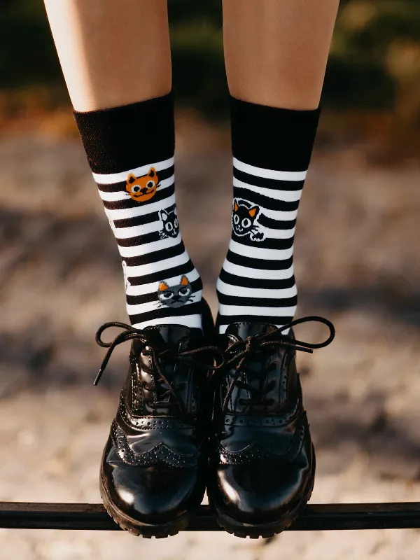 Cats & Stripes Black & White Regular Odd Socks