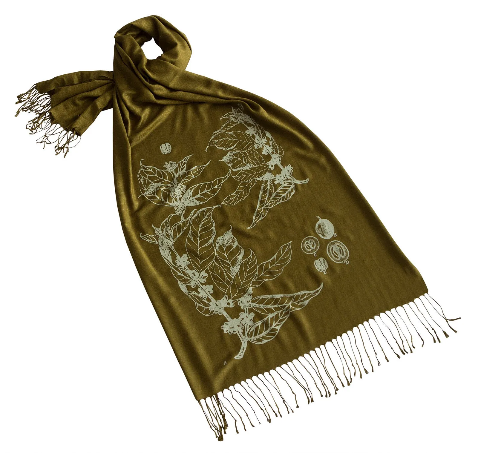 Coffee Bean Scarf. Botanical Print linen weave pashmina